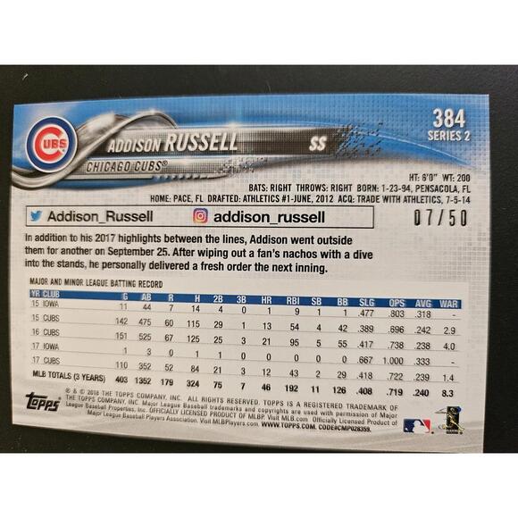 2018 Topps Fathers Day-Addison Russell Vintage Blue #384-No. 7/50-RAW Mint - Picture 2 of 3